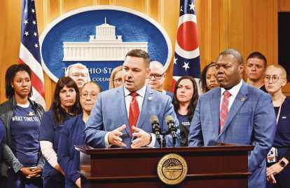 State Rep. Haraz Ghanbari during a press conference, with joint-sponsor Rep. Elgin Rogers Jr., and nurses from throughout the state.